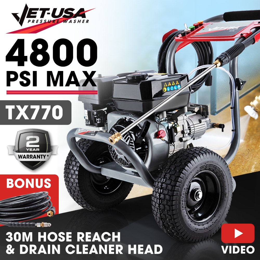 Jet-USA 4800PSI Petrol High Pressure Cleaner Washer w/ 30m Hose Reach and Drain Cleaner - TX770