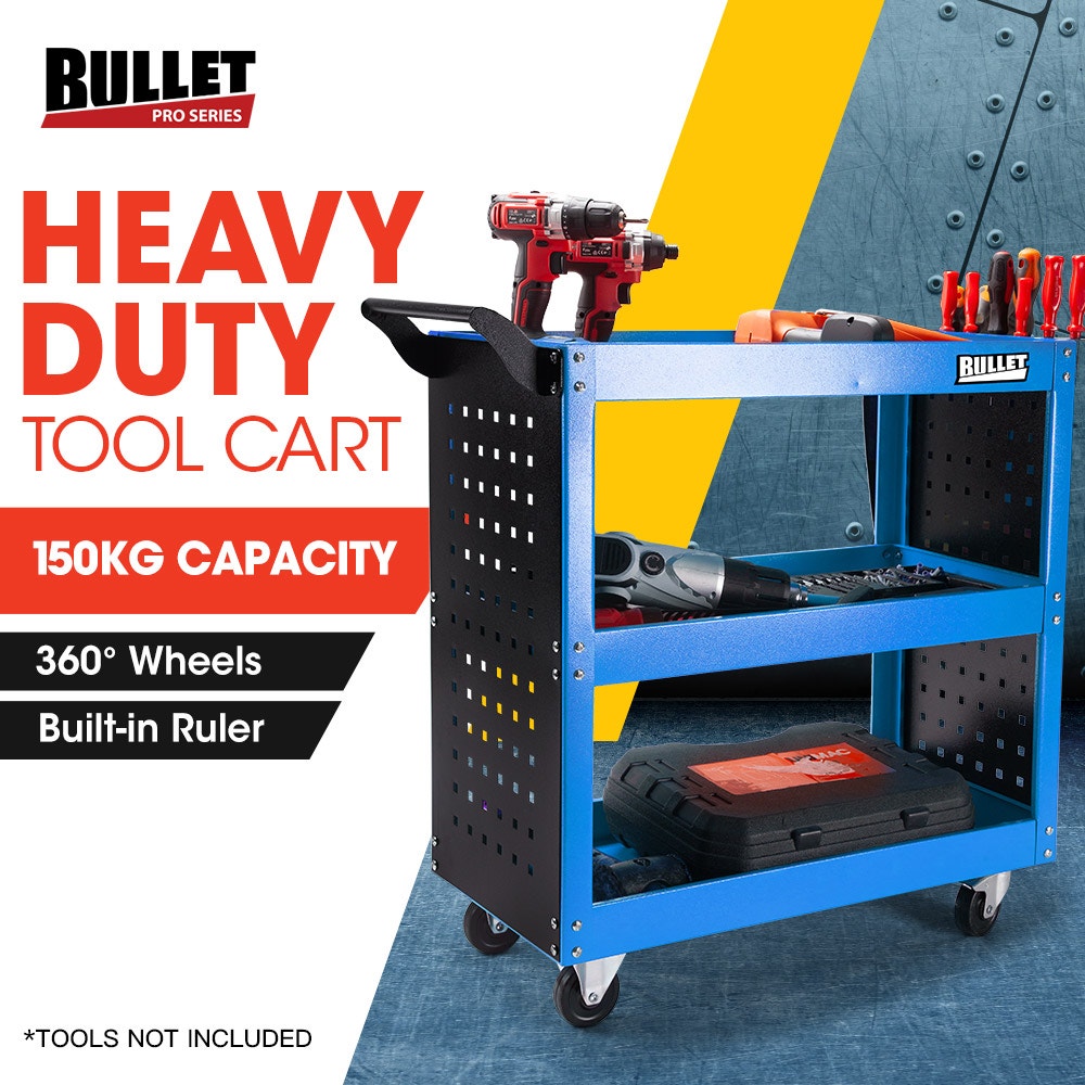 BULLET 3-Tier Steel Tool Trolley Cart Workshop, with Pegboard, Screwderiver Bay, Ruler, Black and Blue